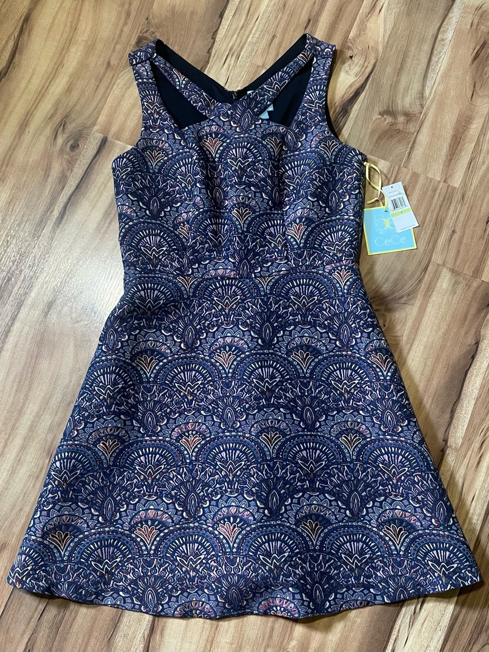 CeCe Hale Crisscross Front Tapestry Jacquard Fit Flare Cocktail Dress NWT